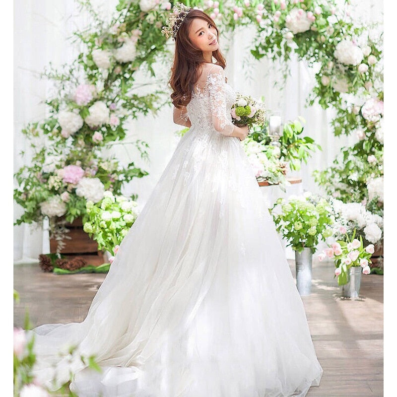 Wedding Dresses Lace Three Quarter Sleeve O-Neck Elegant Plus size Vestido De Noiva Bride - TRIPLE AAA Fashion Collection