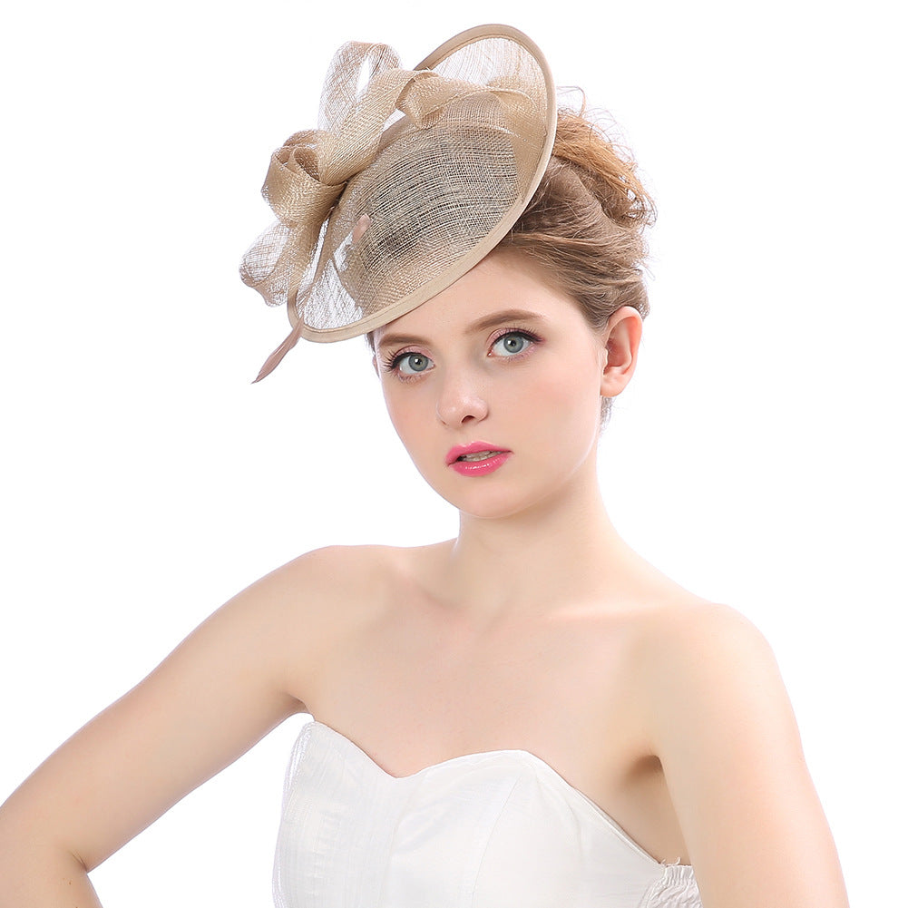 Summer Outdoor Ladies Hat Western-Style Linen Banquet Bridal Hat Bow Feather Headdress