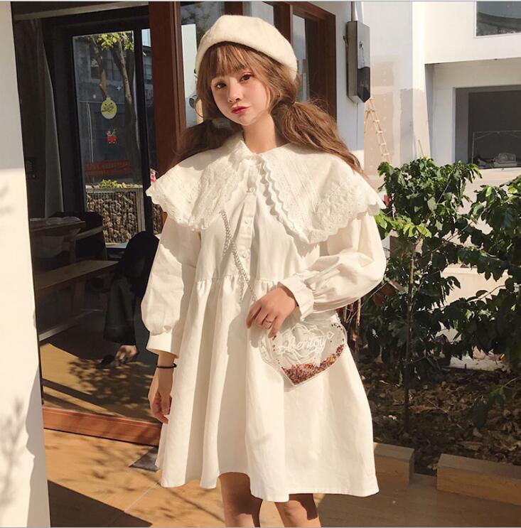 Women Loose Lolita Dress Kawaii Lace Patchwork Solid Color Dresses Chic Christmas Halloween Party Cute Double Layer Collar Dress - TRIPLE AAA Fashion Collection