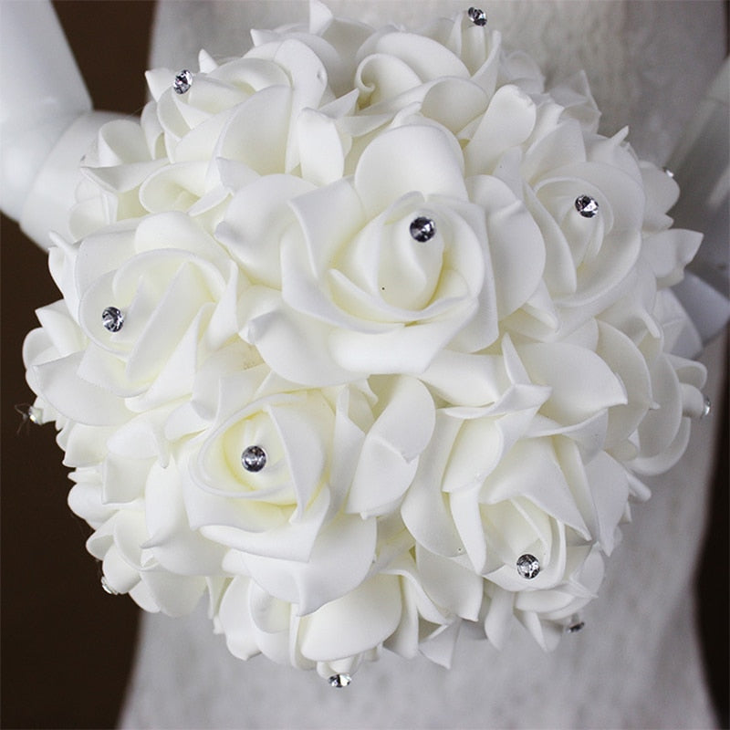 White Ivory Bridal Bridesmaid Flower Wedding Bouquet Artificial Flower Rose Bouquet Crystal Bridal Bouquets - TRIPLE AAA Fashion Collection