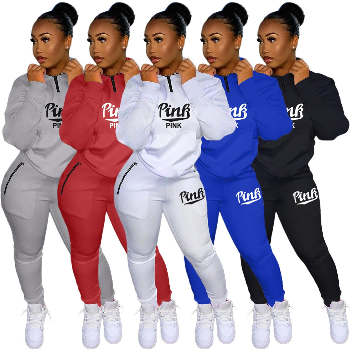 Fall Winter Tracksuits Two Piece Set Women Pink Letter Print Sport Casual Outfits Zip Sweatshirt Top+Pants Set Women Sweat Suits