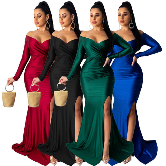 Women's Sexy Dress Nightclub V-neck Gift Dress Solid Color Large Split Length