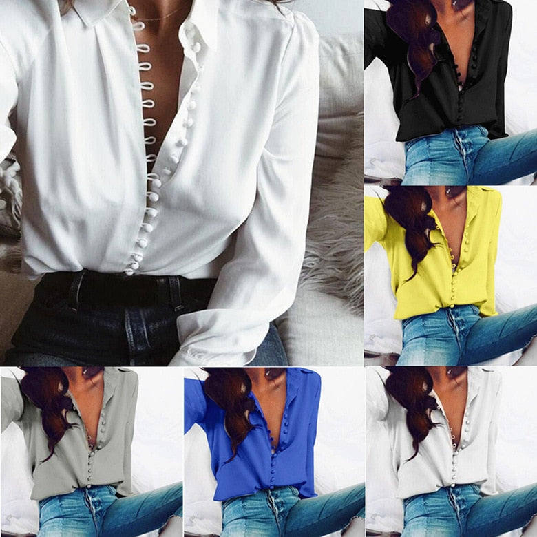Softu Women Fashion Casual Solid Long Sleeve Blouse Lapel Shirt blouse shirt women Turn-down Collar Regular blusas Summer Shirts - TRIPLE AAA Fashion Collection