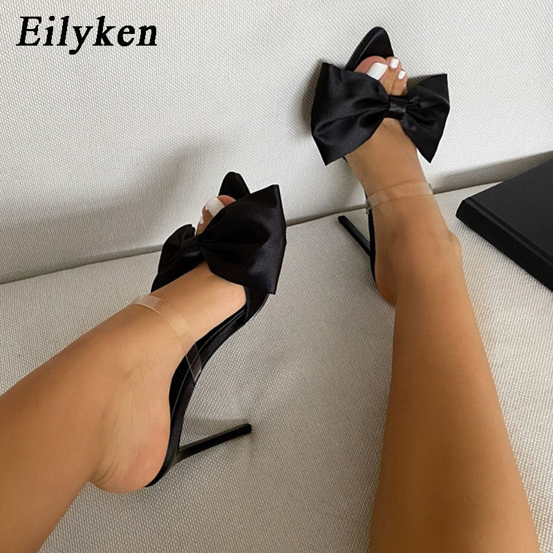 New Fashion Bowknot Women's Slippers Pointed Toe Thin High Heels Summer Elegant Dress Party Ladies Slides Pumps Shoes - TRIPLE AAA Fashion Collection