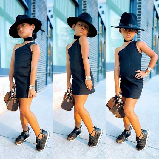 Spring And Summer New Children's Wear European And American Girls Fashion Pop One Shoulder Sleeveless Dress