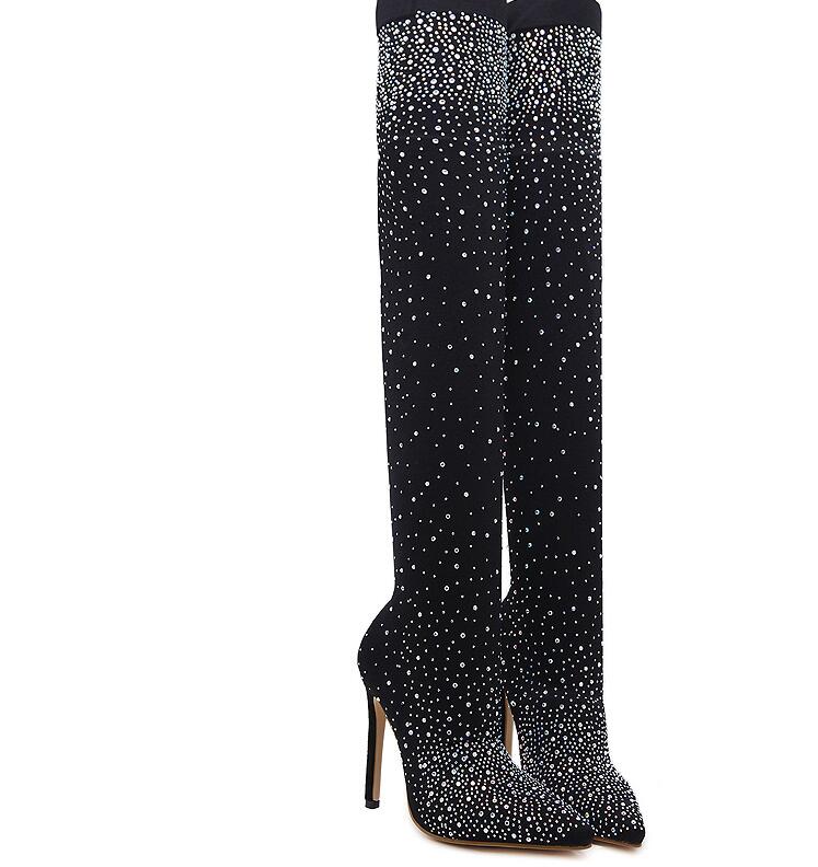 Runway Crystal Stretch Fabric Sock Boots Pointy Toe Over-the-Knee Heel Thigh High Pointed Toe Woman Boot - TRIPLE AAA Fashion Collection