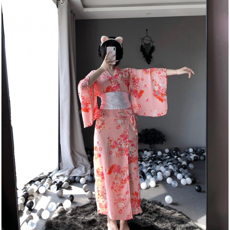 Sexy Underwear Japanese Kimono Long Cat Sexy Pajamas Tempt Women's Chiffon