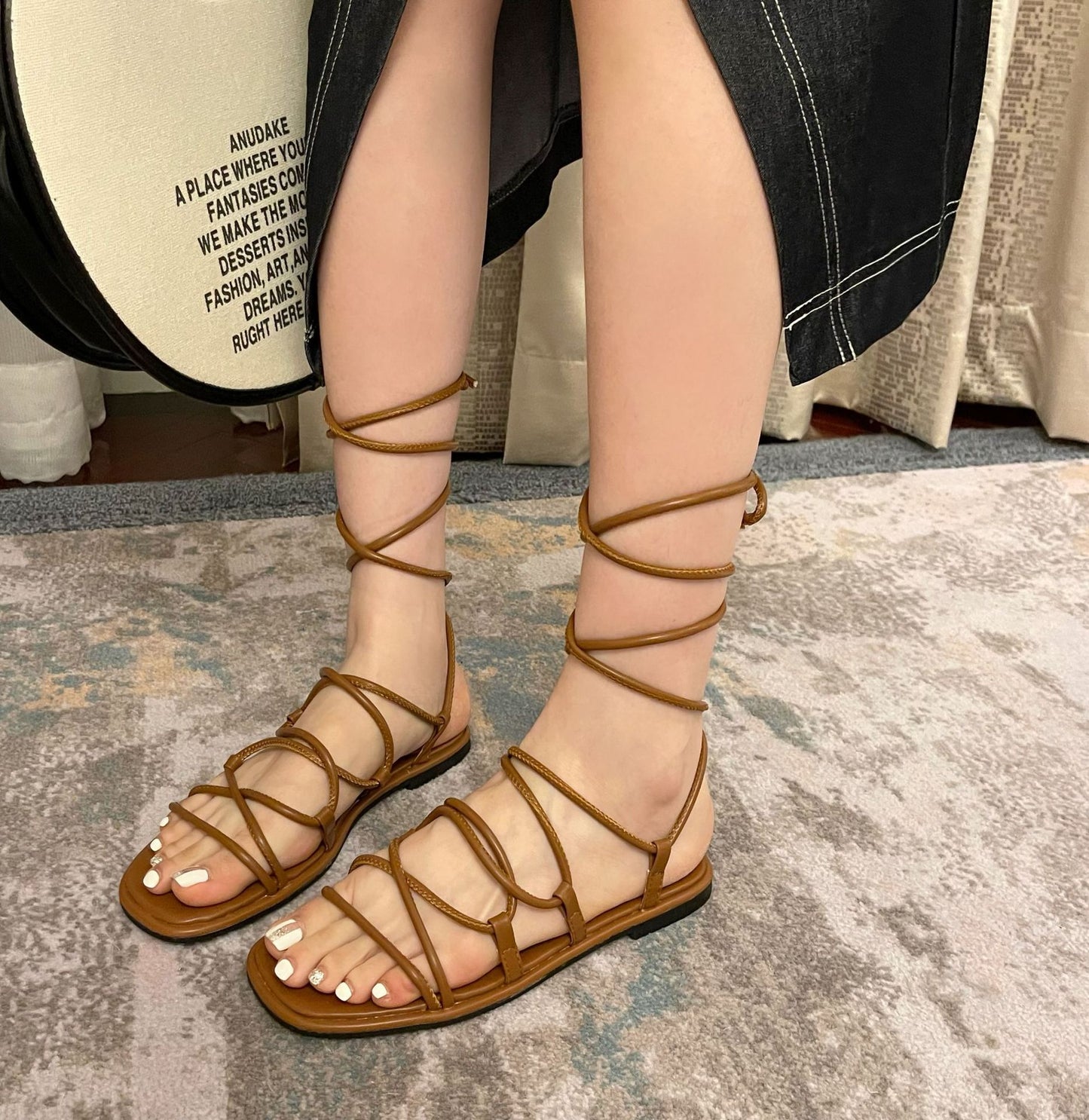 Long Tube Cool Boots Women's Strappy New Korean Version Sexy Fashion High Tube Low Heel Flat Brown Travel