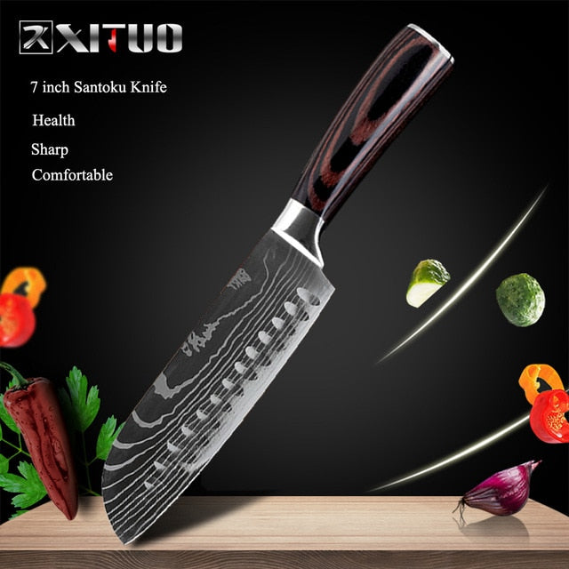 XITUO 8"inch japanese kitchen knives Laser Damascus pattern chef knife Sharp Santoku Cleaver Slicing Utility Knives tool EDC - TRIPLE AAA Fashion Collection