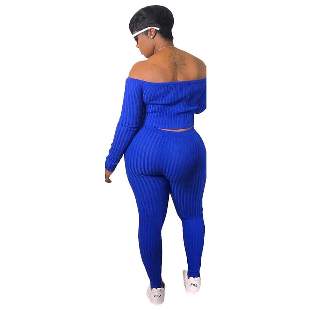 Two Piece Set Autumn Outfits Tracksuit Women Blue Ribbed Striped Slash Neck Short Tops Pencil  Pants - TRIPLE AAA Fashion Collection