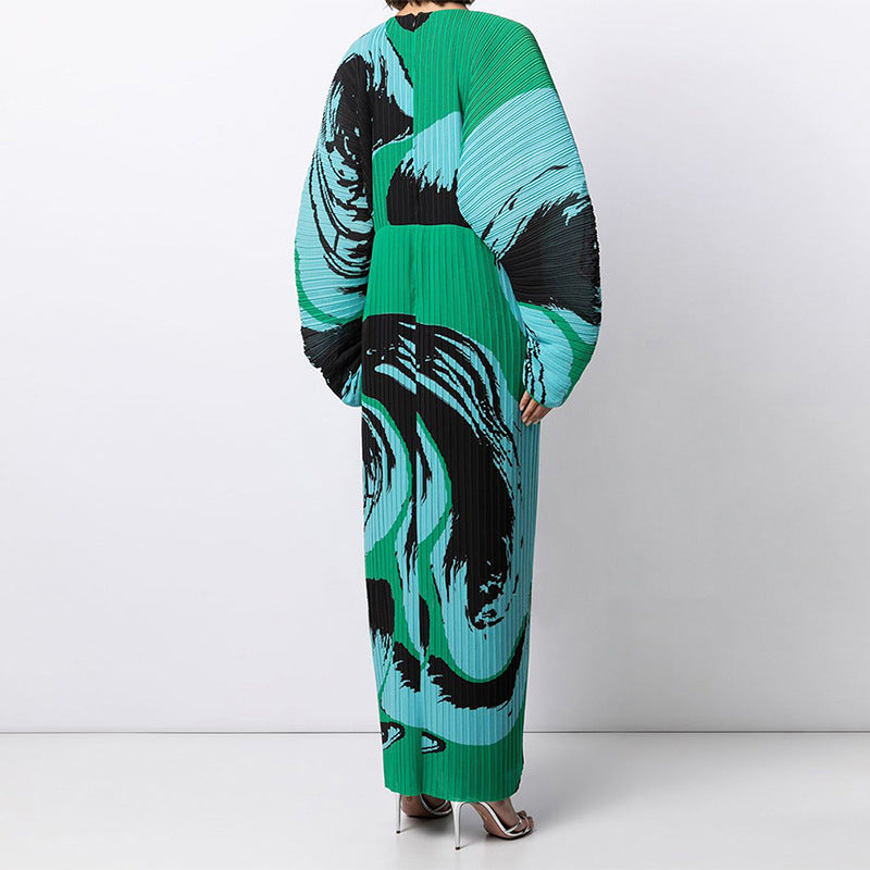 Miyake Pleated Printed Dress Summer New Loose Large Size Long-Sleeved Women's Skirt Is Thin And Foreign Women's Clothing