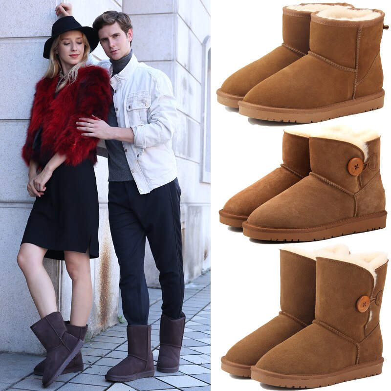 Casual classic warm wear-resistant anti-slip Genuine Leather men's snow boots leather fabric and wool warm winter women's shoes - TRIPLE AAA Fashion Collection