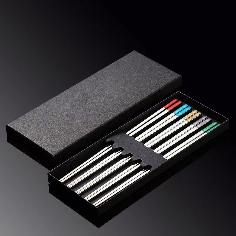 Household Stainless Steel 304/316 Color Blessing Chopsticks Chinese-Style Blessing Chopsticks All Square Alloy Chopsticks Five Pairs Of Gift Boxes