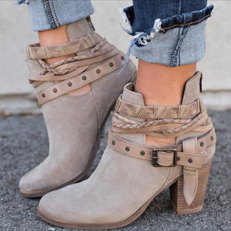 Buckle Strap Women Ankle Boots Casual Platform Shoes Woman High Heels Western Boots Slip On Winter Women Shoes - TRIPLE AAA Fashion Collection
