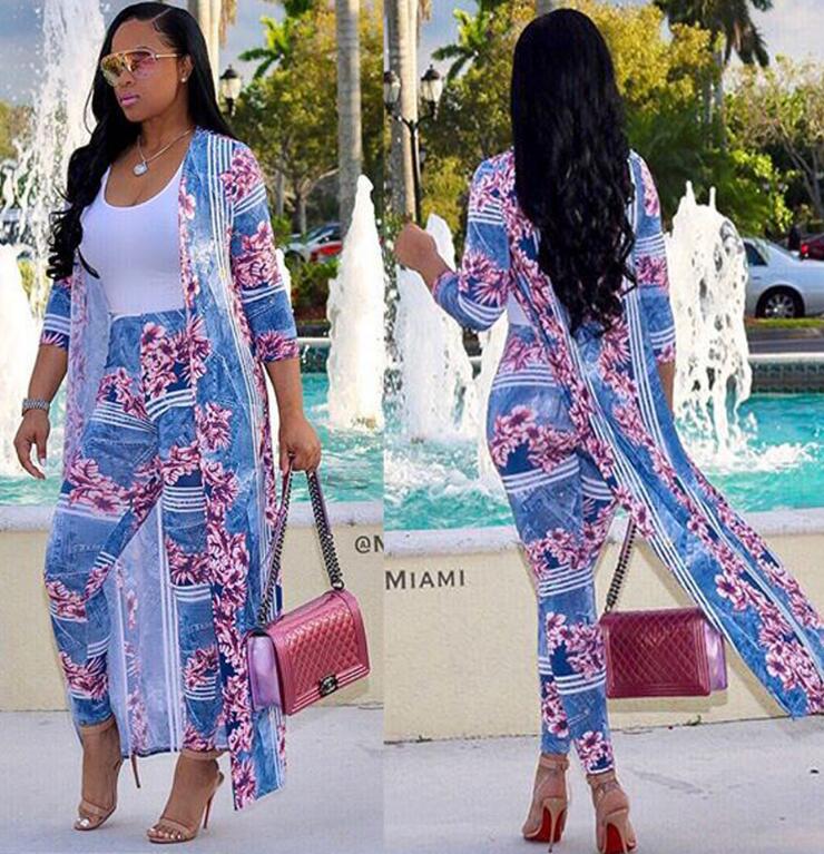 Plus Size Sexy two Piece Set Women clothes Cardigan Cloak Long Top And Bodycon Pant Matching Sets - TRIPLE AAA Fashion Collection