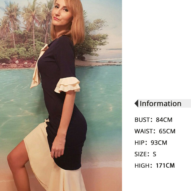 Vintage Elegant Office Lady Women Dresses Bodycon Flare Sleeve Bow Collar Falbala Girls Sexy Female Retro Party Dress - TRIPLE AAA Fashion Collection