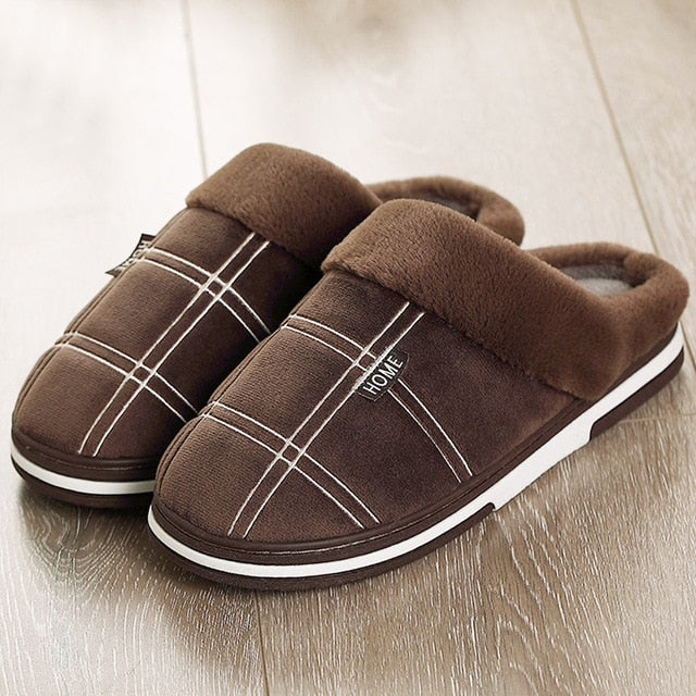 Home Men Slippers Winter Big Size 45-50 Gingham Warm Fur Slippers for male Antiskid Suede Short Plush House shoes men Hot sale - TRIPLE AAA Fashion Collection