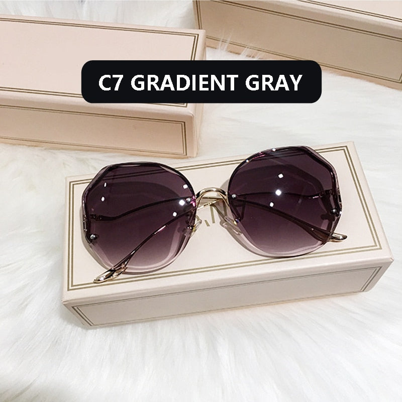 Fashion Tea Gradient Sunglasses Women Ocean Water Cut Trimmed Lens Metal Curved Temples Sun Glasses Female UV400