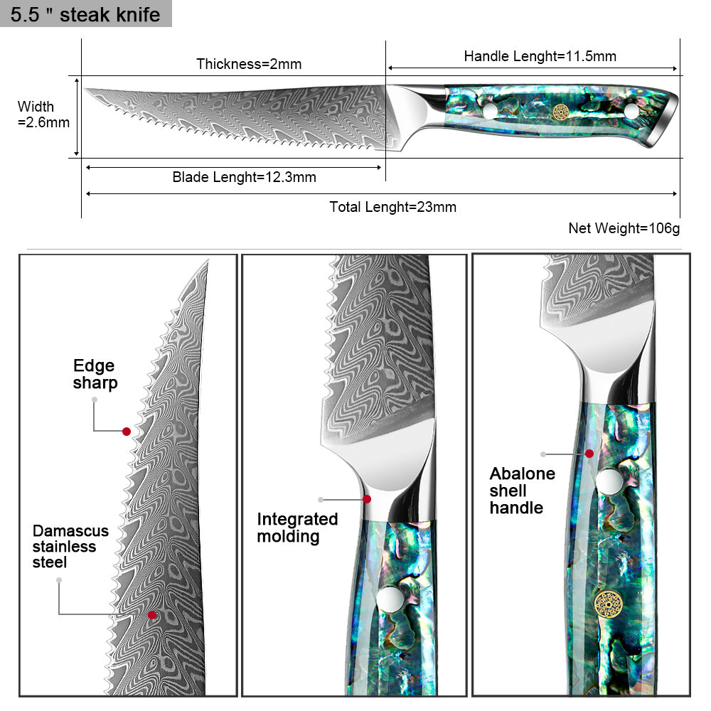 Damascus Steel Knife 5.5 Inch Steak Knife Abalone Shell Handle Sharp