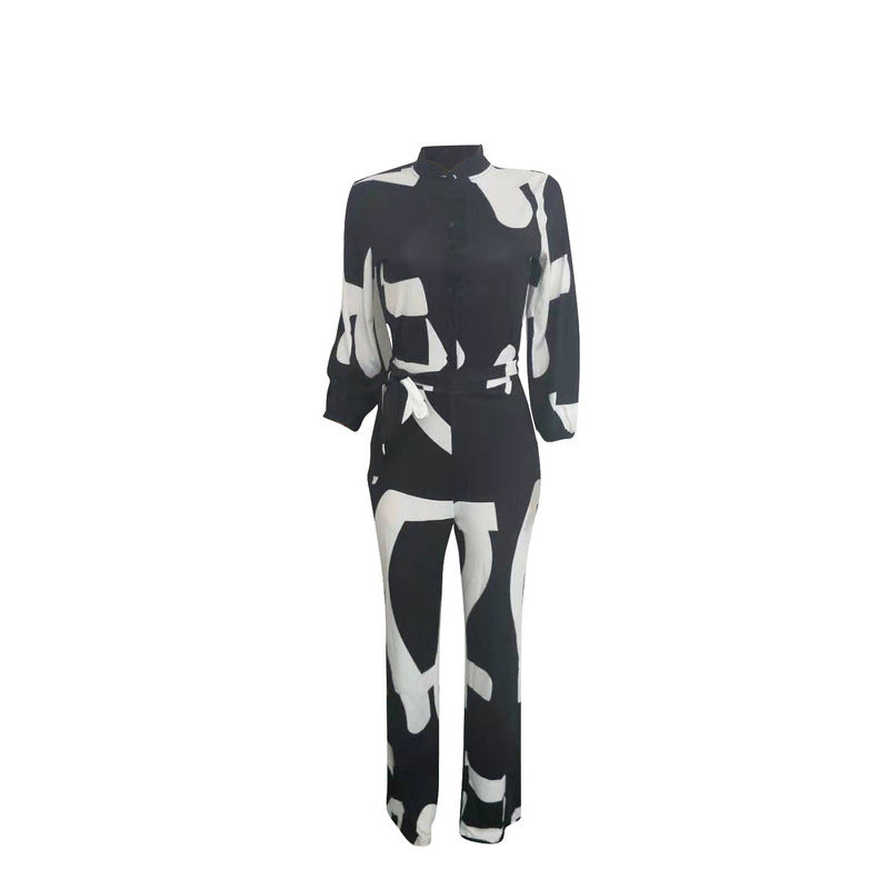 Autumn new sexy long sleeved lace up printed jumpsuit women