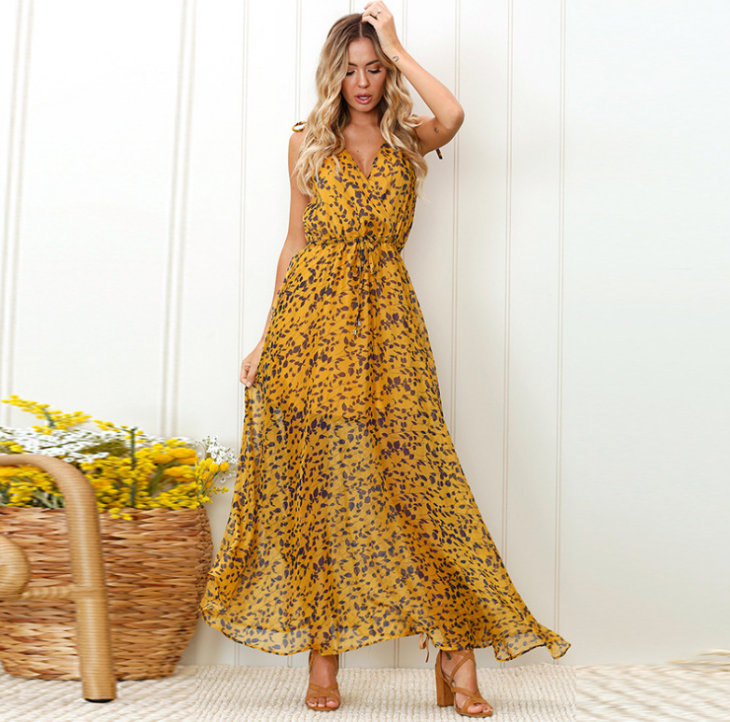 Women Print Maxi Dress Ladies Sexy Backless Spaghetti Strap Deep V-Neck Lace Up Empire Dresses - TRIPLE AAA Fashion Collection