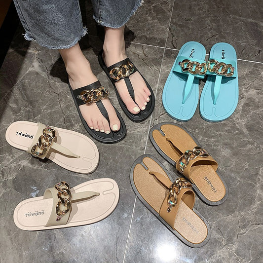 Summer TAWANA New Imitation Chain T-Type Flip-Flops Flat Bottom Fashion Slippers Outdoor Trendy Women's Shoes