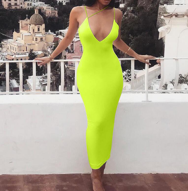 Spaghetti Strap Backless Sexy Bodycon Dress Sleeveless V Neck Summer Long Dress - TRIPLE AAA Fashion Collection