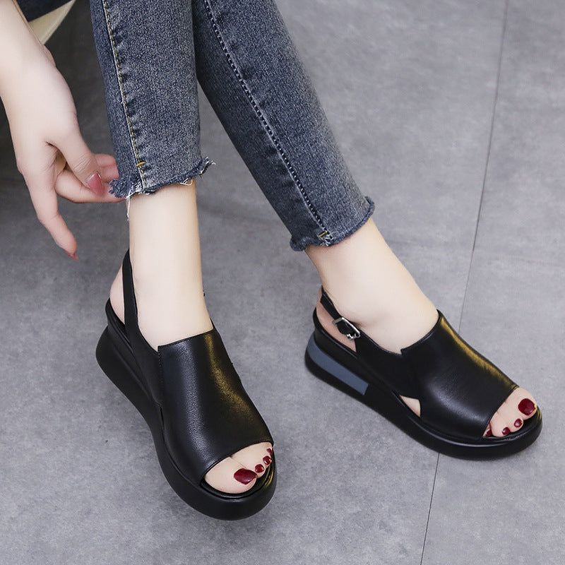 Muffin Thick Bottom Wedge Sandals Women's Summer Wear Back Empty Buckle Sandals And Slippers Large Size High-Heeled Sandals