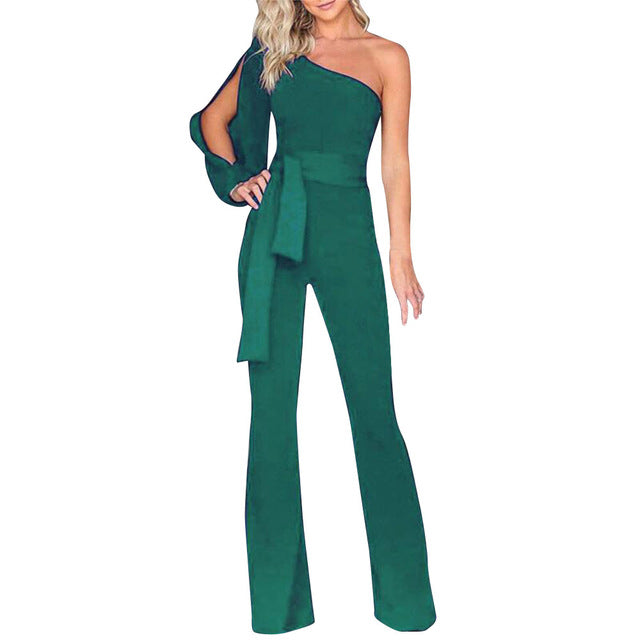 Woman bodysuit Women Summer Casual Solid Long Sleeve Cold Shoulder Jumpsuit Clubwear Wide Leg Jumpsuit - TRIPLE AAA Fashion Collection