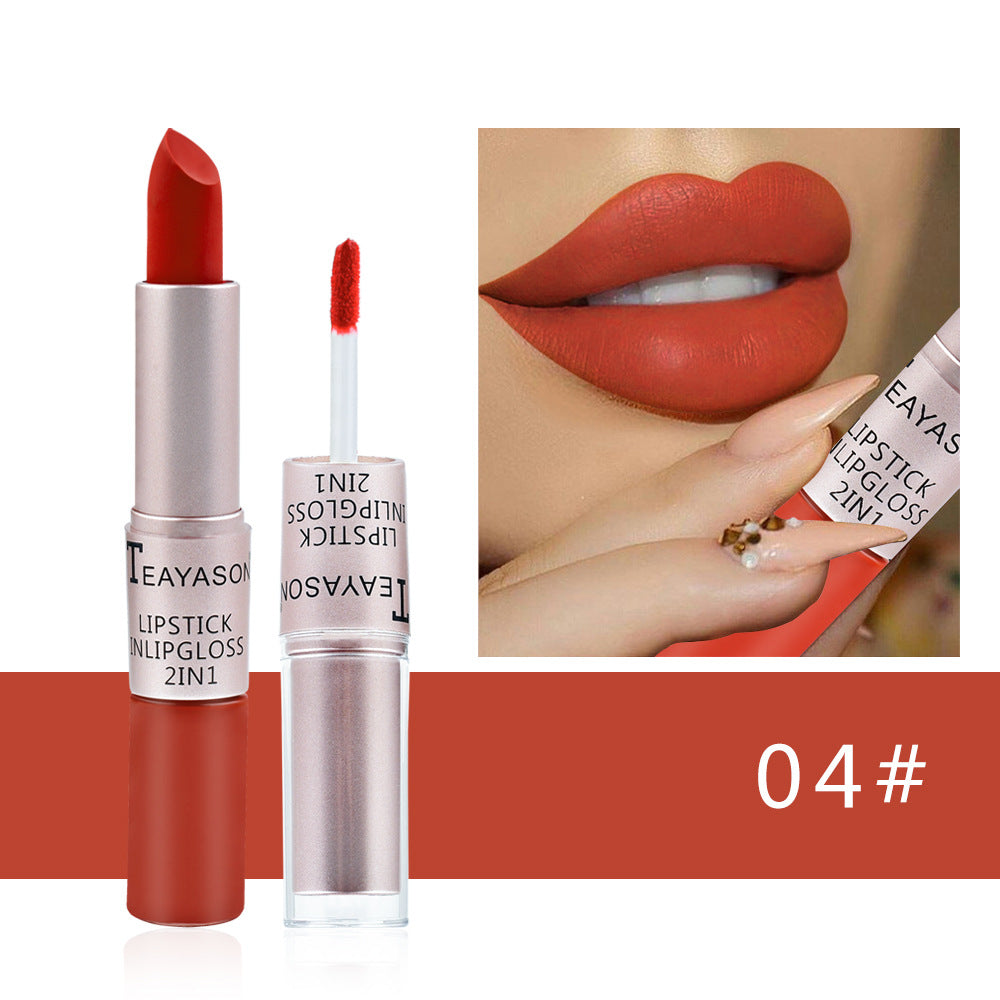 Double-Headed Non-Stick Cup Matte Matte Lip Gloss Two-In-One Matte Bean Paste Does Not Fade With Cup Lipstick Female