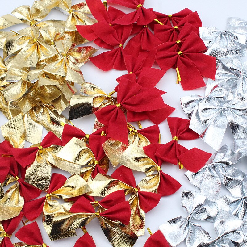 100pcs Christmas Bows Hanging Decorations Golden Silver Red Bow-knot Merry Christmas Tree Decorations Pendant New Year Navidad