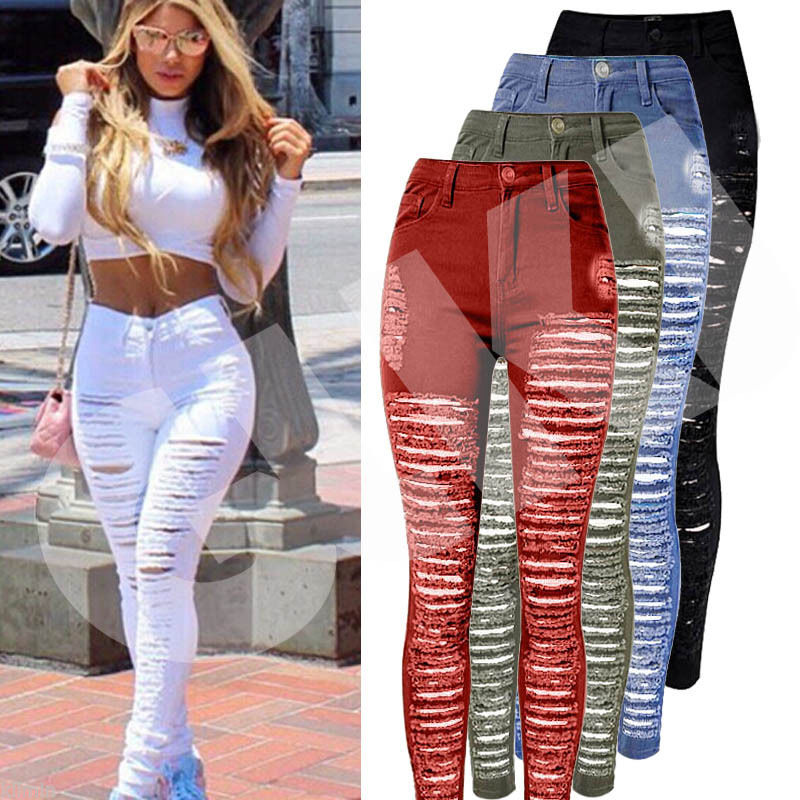 Sexy Women Destroyed Ripped Denim Jeans Skinny Hole Pants High Waist Stretch Jeans Slim Pencil Trousers Black White Blue - TRIPLE AAA Fashion Collection