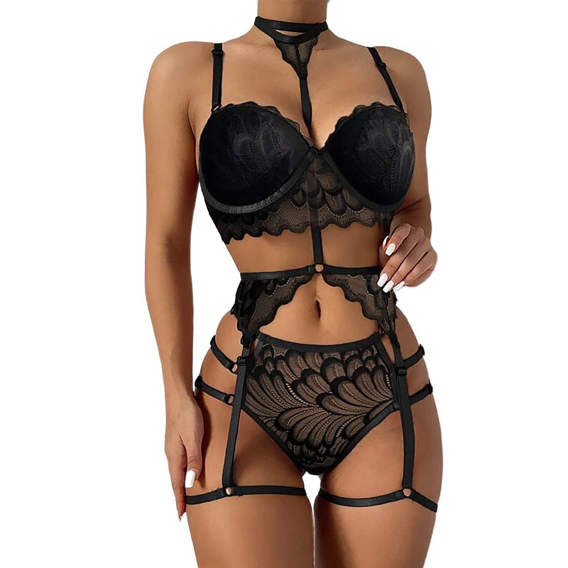 Sexy Tie Neck Garter Belt With Leg Loops Straps Three Piece Lace See Through Sexy Set Sexy Lingerie