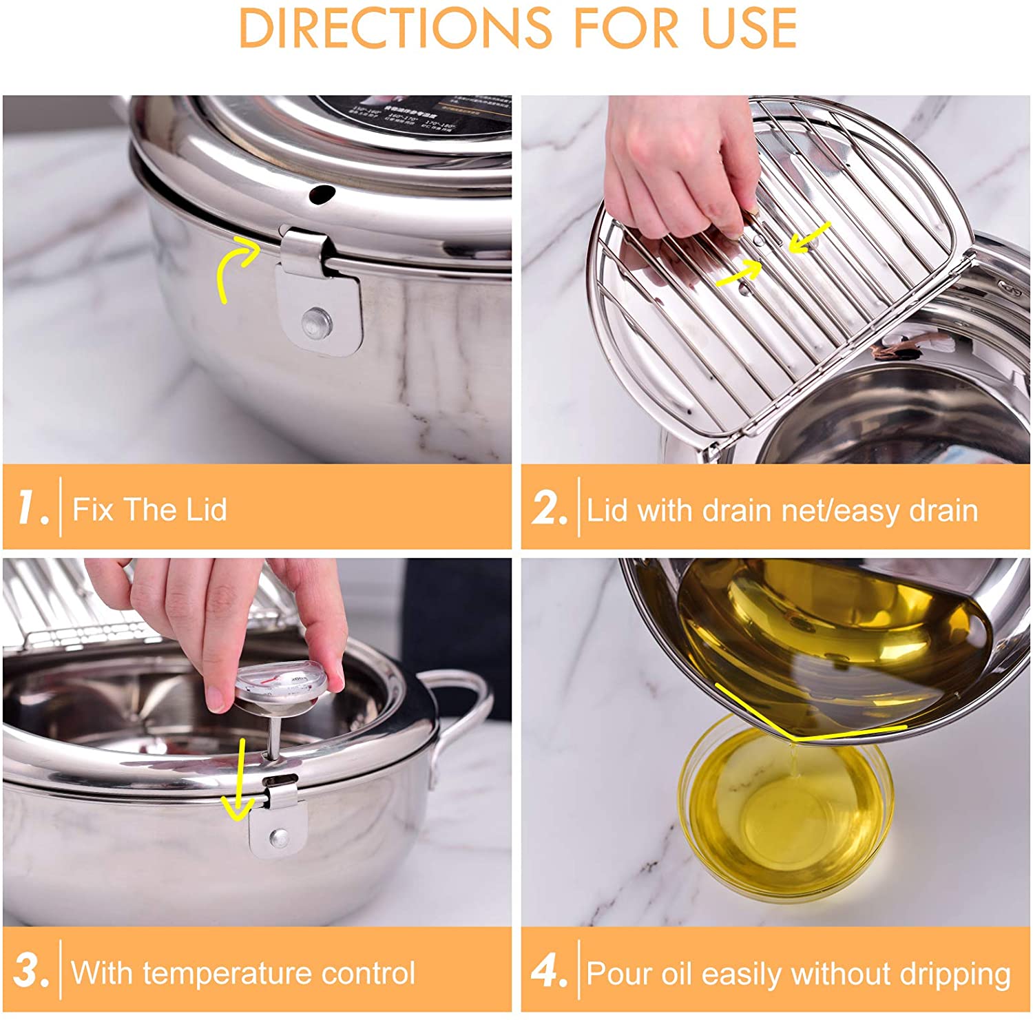 Japanese Deep Frying Pot with a Thermometer and a Lid 304 Stainless Steel Kitchen Tempura Fryer Pan 20 24 cm - TRIPLE AAA Fashion Collection