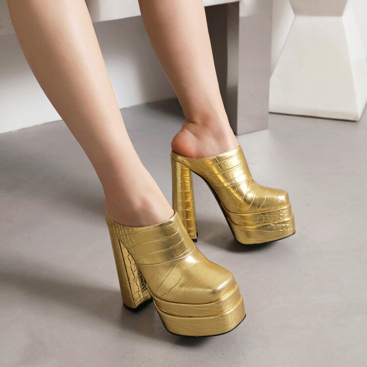 Summer Stone Pattern Double Waterproof Platform Sandals Thick Heel Super High Heel Mules for Women