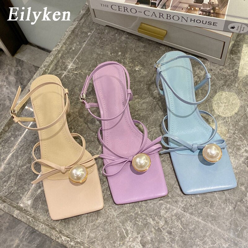 Fashion Pearl Decoration Clip Toe Square Toe Ankle Buckle Strap Sandals 2021 Summer Women Low Heels Party Dress Shoes - TRIPLE AAA Fashion Collection