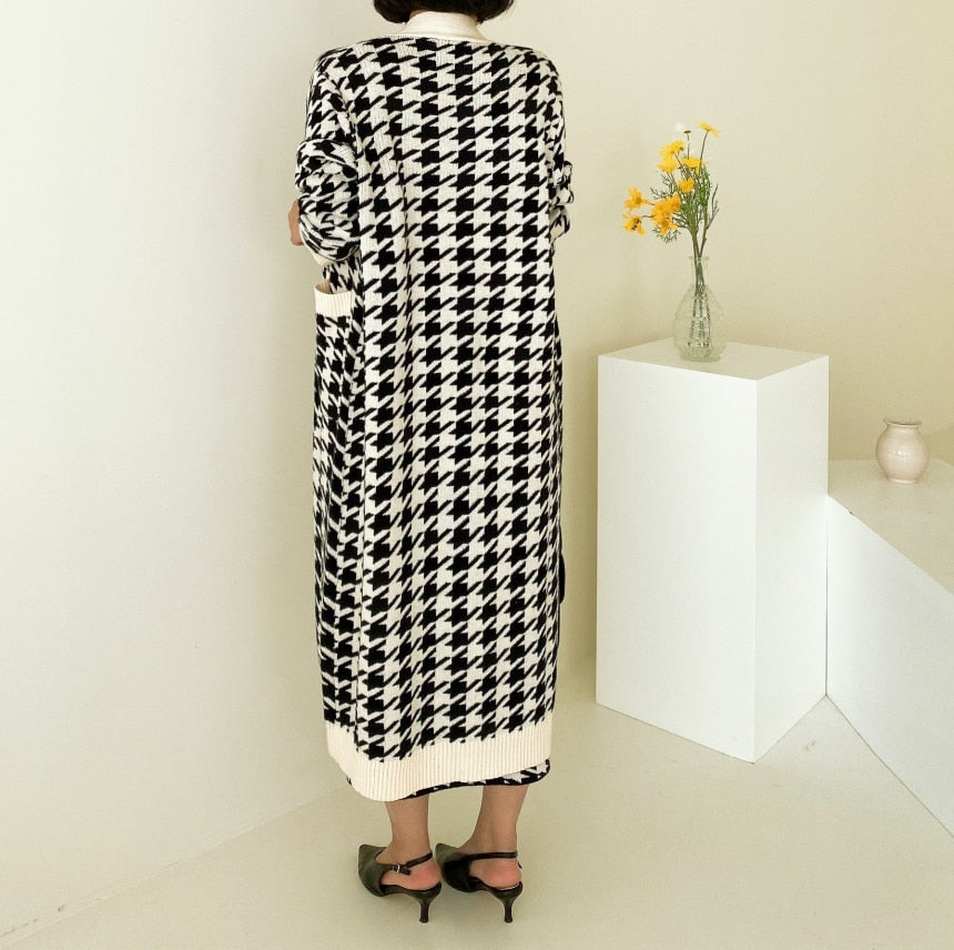 Korean Sweater Set Fashion Vintage Style V-Neck Long Knitted Sweater Coat + Houndstooth Vest Dress Female Two-Piece Suit