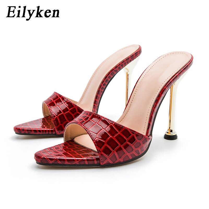 Eilyken Summer New Women Slippers Snake Print Mule High Heels Shoes Sandals Sexy Pointed Toe Metal Heel Slides Party Dress Shoes