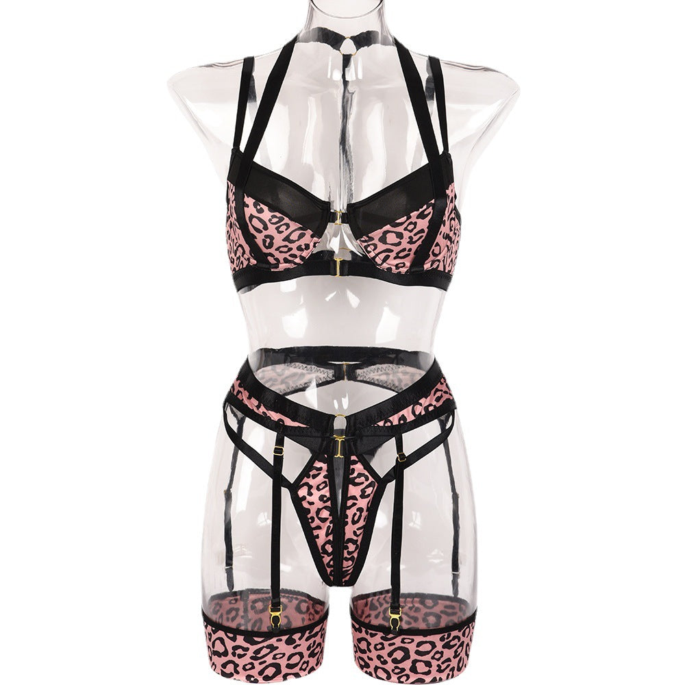 Sexy Lingerie Three Piece Set Sexy Leopard Print Stitching Buckle Decoration Heavy Craft With Ankle