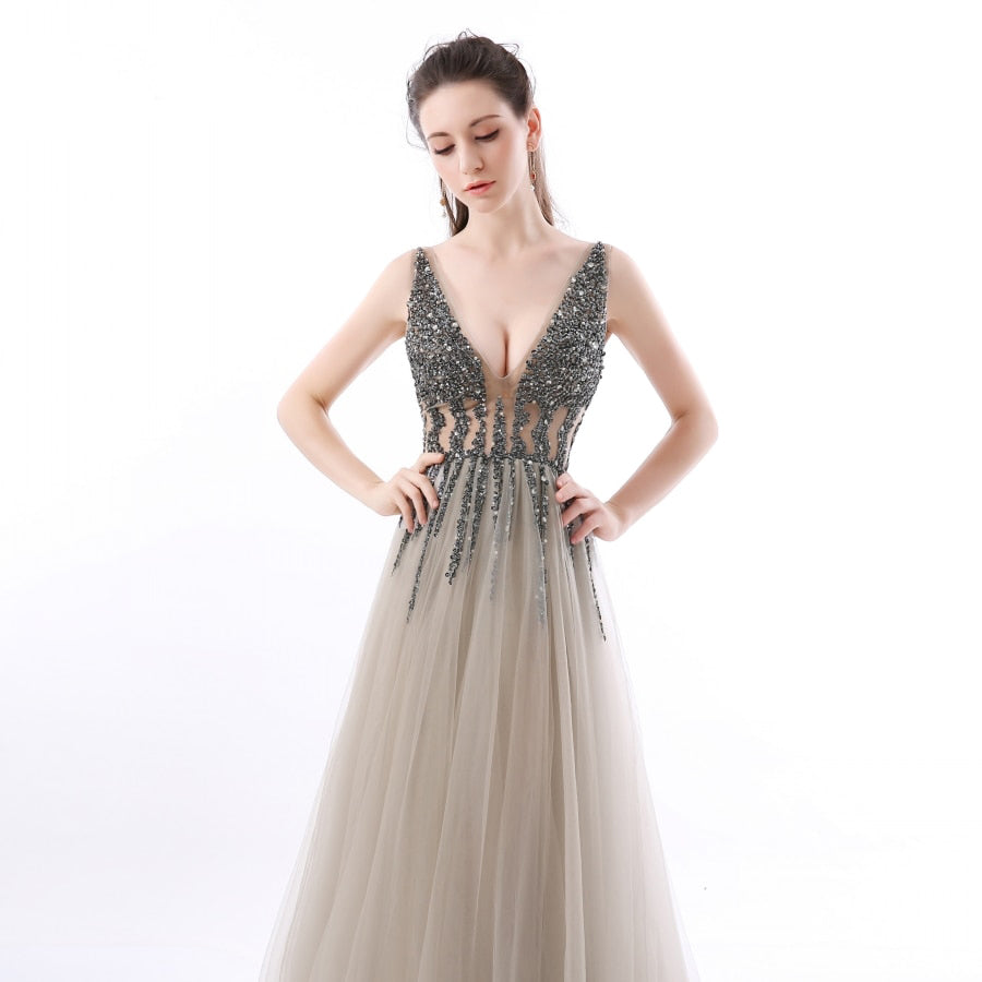 Sexy Side Split Prom Dresses 2018 Deep V-Neck Backless Beads Crystal Party Gowns Sleeveless Sweep Train Cheap Tulle Party Dress - TRIPLE AAA Fashion Collection