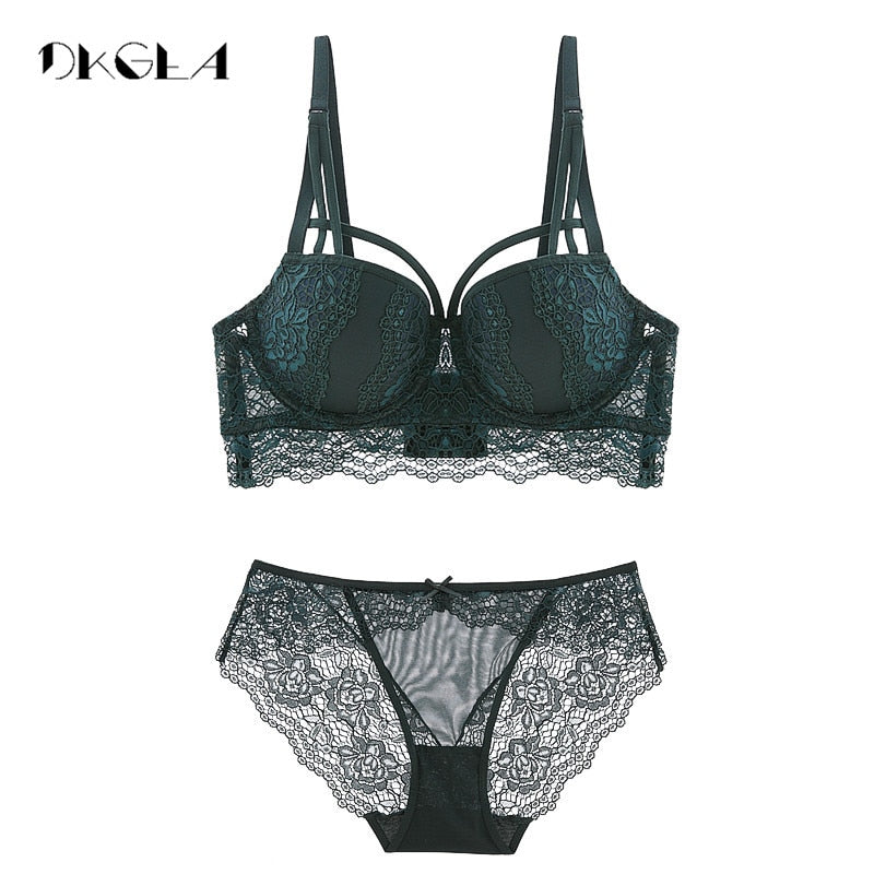 Top Sexy Underwear Set Cotton Push-up Bra and Panty Sets 3/4 Cup Brand Green Lace Lingerie Set Women Deep V Brassiere Black