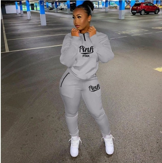 Fall Winter Tracksuits Two Piece Set Women Pink Letter Print Sport Casual Outfits Zip Sweatshirt Top+Pants Set Women Sweat Suits