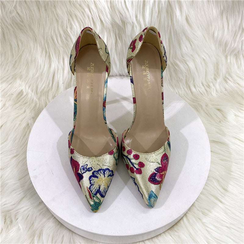 New Gold Embroidered Hollow High Heel Shoes 12CM 10CM 8CM Pointed Thin High Shallow Mouth Single Shoes