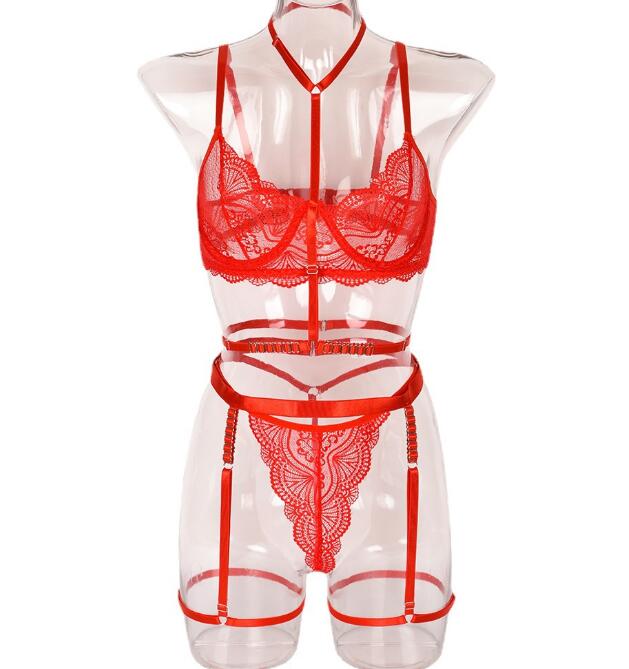Three Piece Sexy Lingerie Halter Neck Red 3 Piece Set With Leg Loops Underwear Lace Embroidery Transparent Outfit