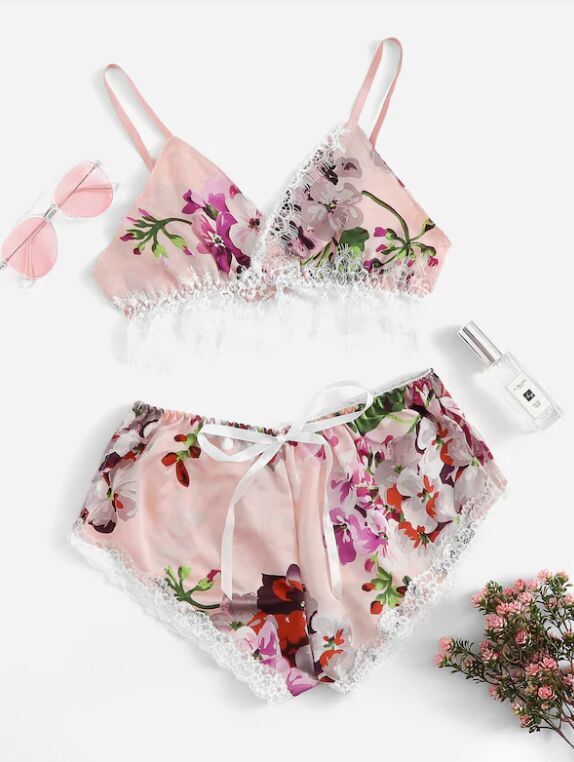 Multicolor Lace Trim Floral Print Satin Sexy Women Lingerie Set Boho Wireless Intimates Femme Bra Underwear Set