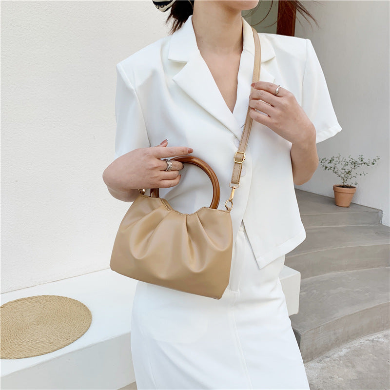 Cloud Bag Messenger Fashion Pleated Small Bag Simple Wooden Handle Handbag  One-Shoulder French Style Small Bag