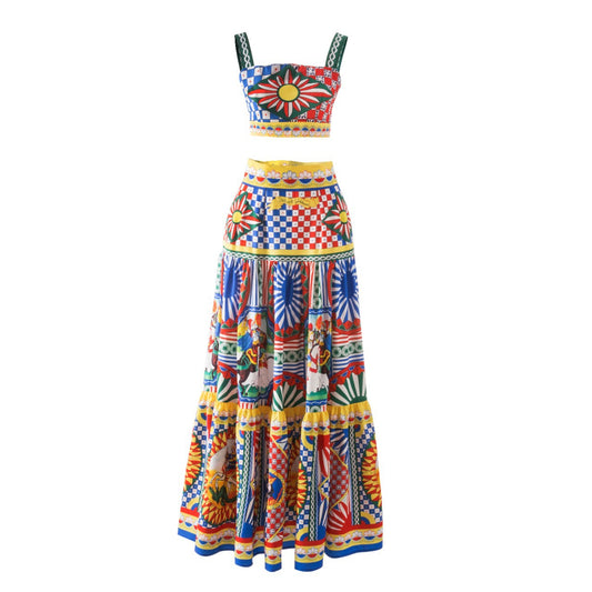 Spring/Summer Mississili Cotton Print Fashion Dress Sling Tube Top + Long Skirt Cotton Blend European Beauty