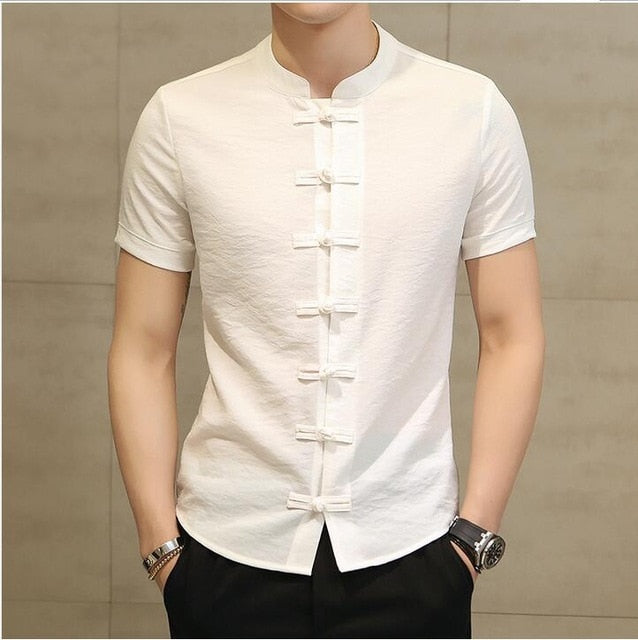 Men Shirt Fashion Chinese style Linen Slim Fit Casual Short Sleeves Shirt Camisa Social Business Dress Shirts - TRIPLE AAA Fashion Collection