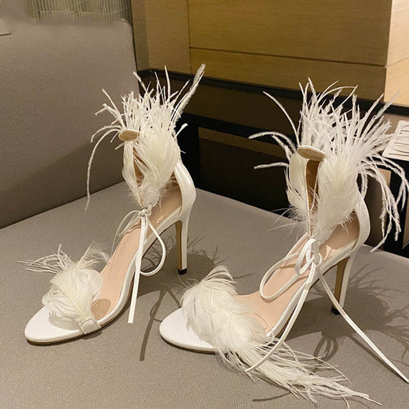 2021 New Fashion With Feather Open Toe Strap High Heels Summer Sexy Ankle Lace-Up Sandals Clear Heel Women Party Shoes - TRIPLE AAA Fashion Collection