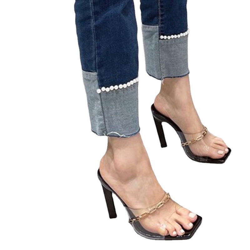 Square Toe Chunky High Heel Transparent Vamp Metal Buckle Sandals